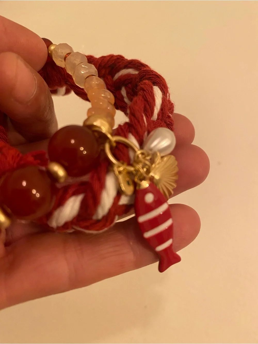 Nautical Red Beaded Charm & Braided Bracelet Set – New